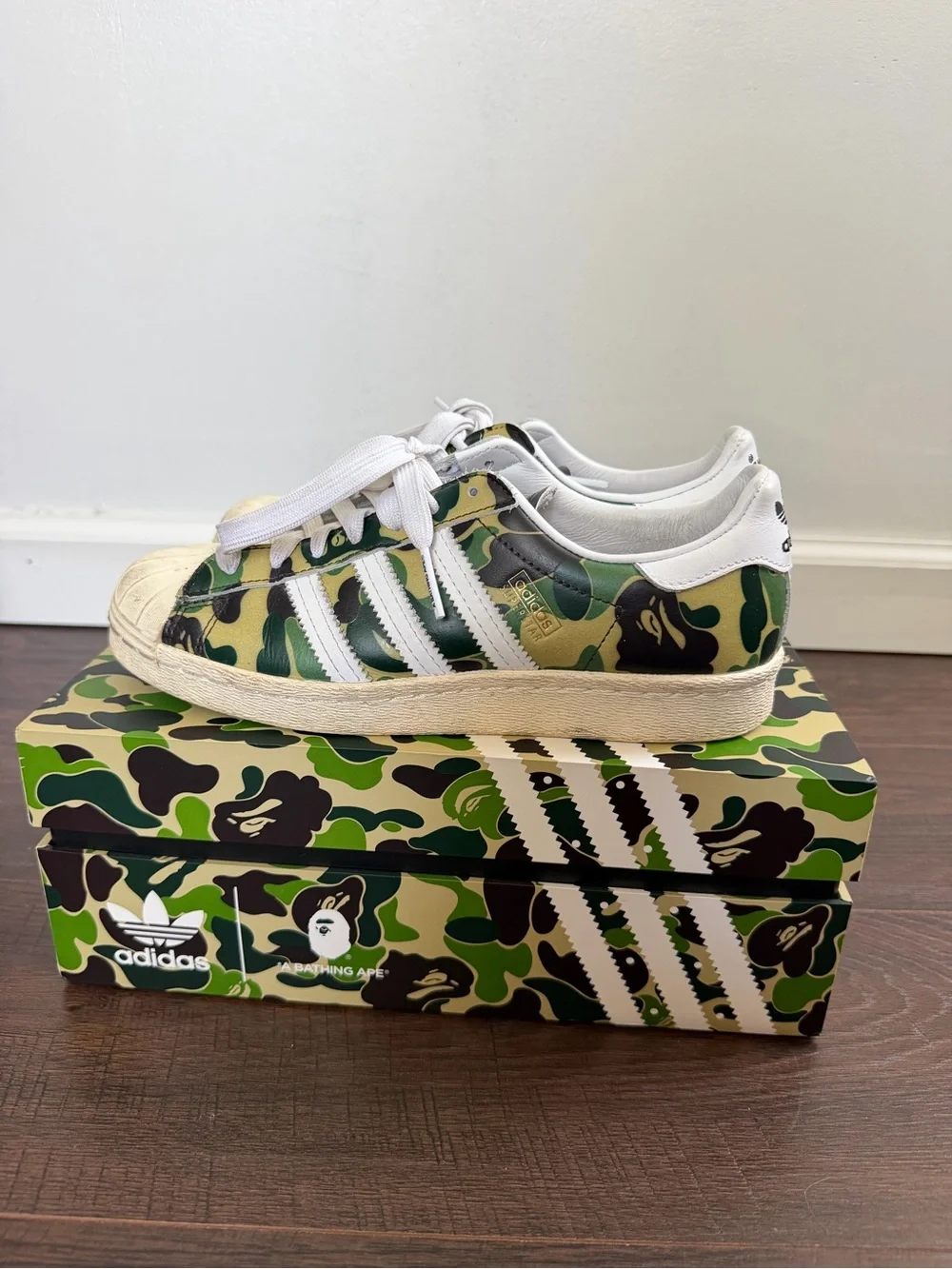 Bape x Adidas Green Camo Superstar Sneakers with White Star